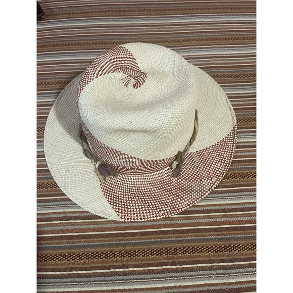 Frances Grey Hand Woven Straw Panama Hat Two Tone Cream Brown Wide Brim Fedora - Picture 2 of 14